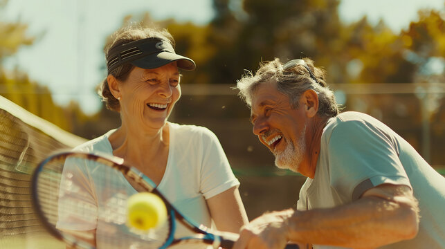 a cheerful senior couple playing tennis on a sunny afternoon at a local court - Powered by Adobe