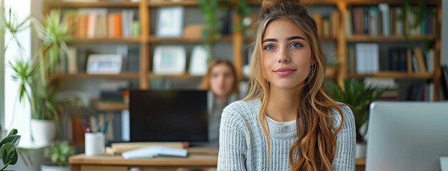 wide panoramic background banner image with beautiful Caucasian businesswoman with brown hair and casual dress, working on an office table and looking at the camera with cute smile 