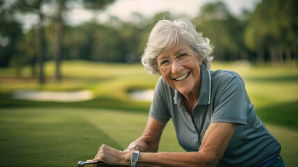 A senior female golfer smiling after sinking a putt on the golf course