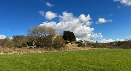 Obraz premium A green meadow leads up to a house partially obscured by trees under a blue sky with clouds, delivering a serene rural landscape near, Bradford, Yorkshire, UK