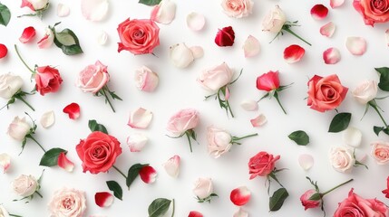 An overhead view of a white background scattered with roses and petals creates a charming floral setting