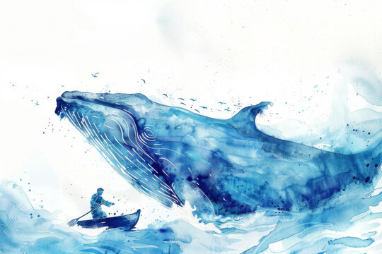 Watercolor Illustration of Biblical Jonah and Whale
