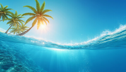 Sea background with blue tropical ocean above, sunny blue sky and palm tree, empty underwater background with the sun shining, creating giant surf waves in the sea waters. 3d rendering