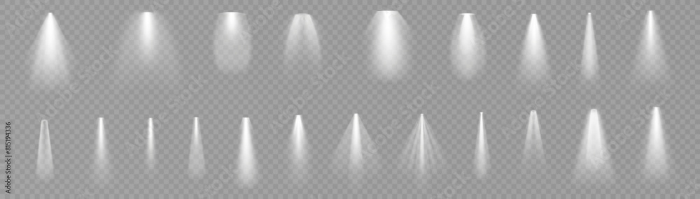 Poster Set of vector isolated spotlight light effects. White glowing spotlight on a transparent background. Vector 10 EPS