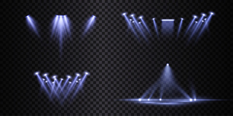 Vector bright stadium floodlights brightly illuminate sports games, concerts, shows, evening or night events. Isolated on transparent background. Set of bright spotlights. Vector  © Valeriia