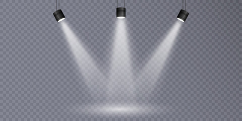 Vector spotlight source, studio stage lighting, png effect. Spotlight. Rays of light, light effect. 10 EPS	