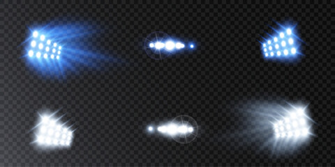 Vector bright stadium floodlights brightly illuminate sports games, concerts, shows, evening or night events. Isolated on transparent background. Set of bright spotlights. Vector