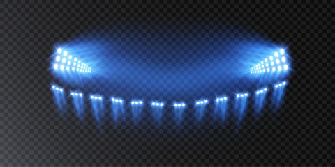 Vector bright stadium floodlights brightly illuminate sports games, concerts, shows, evening or night events. Isolated on transparent background. Set of bright spotlights. Vector © Valeriia
