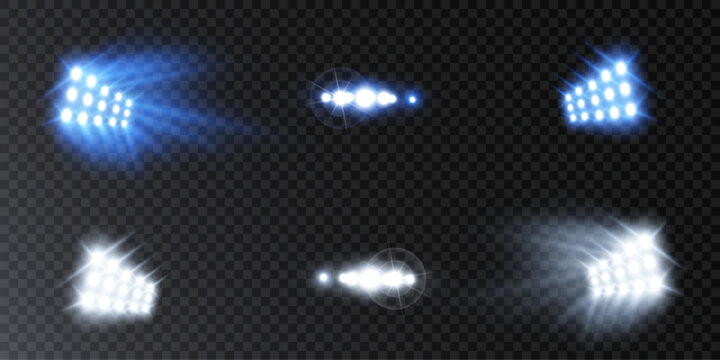 Vector bright stadium floodlights brightly illuminate sports games, concerts, shows, evening or night events. Isolated on transparent background. Set of bright spotlights. Vector