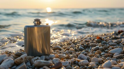 A vintage metal hip flask rests on the pebbled shore symbolizing a celebration of men s holiday at sea in honor of International Men s Day and Fatherland Defender Day on February 23 with am