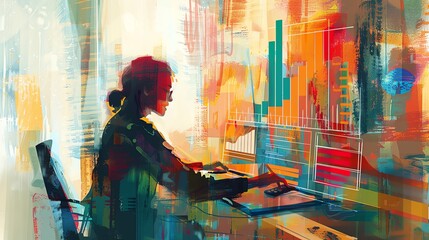 Illustrate the entrepreneurial spirit radiating from a figure engrossed in market data analysis Use traditional art mediums to craft a tilted angle view