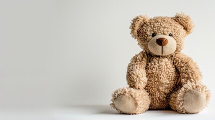 An adorable teddy bear stands out against a crisp white background