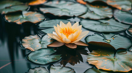 Yellow lotus in water with leaves