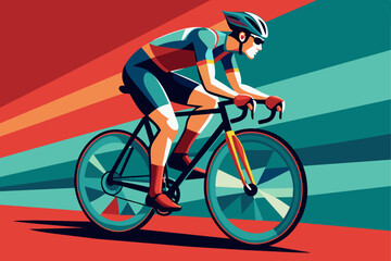 Cyclist on colorful background. Man on a bicycle. Vibrant graphic illustration. Concept of outdoor sports, adventure cycling, fitness, active lifestyle. Print, design elemen