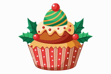 Colorful Christmas cupcake with festive decoration isolated on white background. Graphic illustration. Concept of Christmas baking, festive desserts, New Year pastry. Print, design element