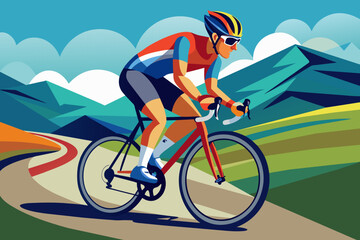 Fototapeta premium Cyclist racing on a road. Man on a bicycle. Vibrant graphic illustration. Concept of outdoor sports, adventure cycling, fitness, active lifestyle. Print, design elemen