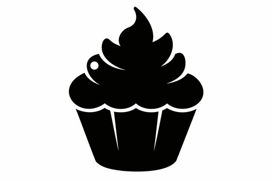 recommend clip art: Black silhouette of cupcake isolated on white backdrop. Minimalist graphic illustration. Concept of dessert, baking, sweet food. Icon, pictogram, template, sign, logotype, print, design element