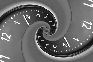 Infinity and other time related concepts. Black clock face twisted in spiral, fractal pattern
