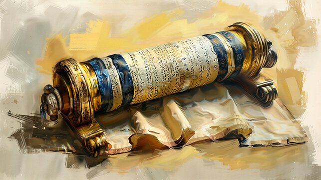 Celebratory Shavuot Depiction With Ornate Torah Scroll and Seasonal Decorations
