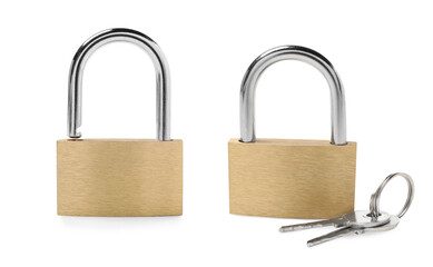 Fototapeta premium Steel padlock isolated on white, open and locked