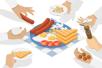 3D Isometric Flat  Illustration of Breakfast Plate, People Having a Meal