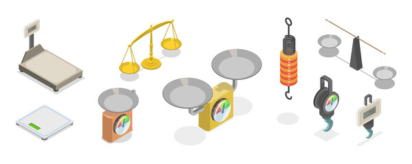 3D Isometric Flat  Set of Scales Types, Equipment for Weight Measuring