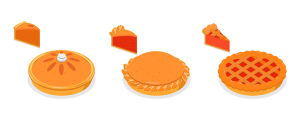 3D Isometric Flat  Set of Diffeent Pies and Slices, American Homemade Traditional Desserts