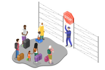 3D Isometric Flat  Illustration of Refugees, Asylum Seekers Community