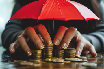 Person Holding Red Umbrella Over Stack of Coins