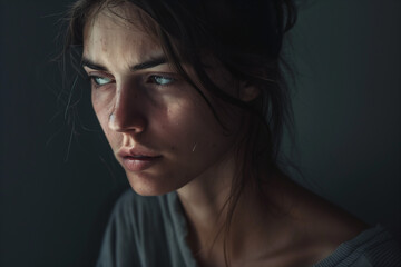 Woman with depression on a black background. Cinematic view.