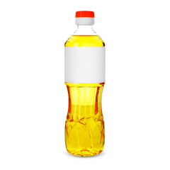 Cooking oil in plastic bottle with empty label isolated on white. Mockup for design