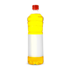 Cooking oil in plastic bottle with empty label isolated on white. Mockup for design