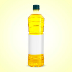 Cooking oil in plastic bottle with empty label on light yellow background. Mockup for design