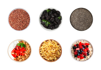 Foods for healthy digestion, collage. Rice, oatmeal, granola, dried prunes, chia seeds and raisins...
