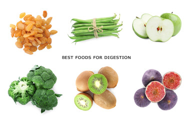 Foods for healthy digestion, collage. Broccoli, apples, green beans, kiwis, raisins and fresh figs...