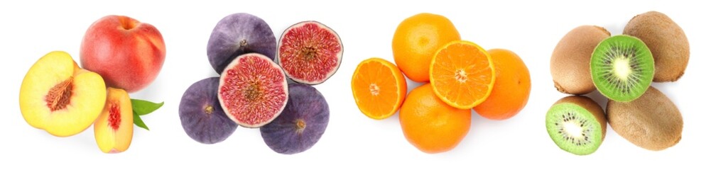 Foods for healthy digestion, collage. Fresh peaches, figs, tangerines and kiwis on white...