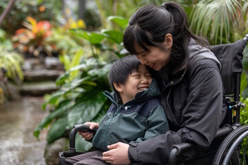 Fototapeta premium Joyful Asian Mother and Son Laughing in Wheelchairs in Lush Garden