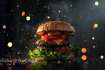 A photograph of the most beautiful burger in the world, in a cinematic view..