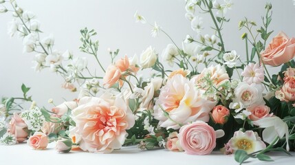 Fresh flowers arranged in a harmonious composition on a clean, white tabletop.