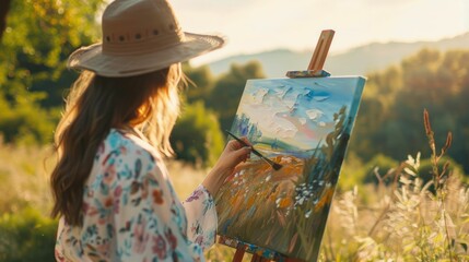 Fototapeta premium A woman is joyfully painting a landscape on an easel in a field, surrounded by grass and under the open sky, capturing the beauty of nature through art AIG50
