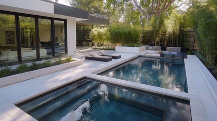modern backyard pool with sleek design and clear blue water, an oasis of tranquility.