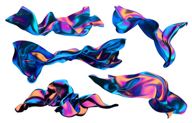 Set of abstract iridescent shapes, 3d render
