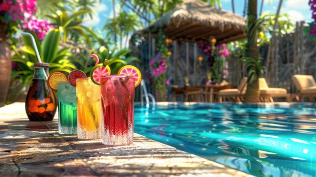 poolside cocktail bar with colorful drinks and tropical decor, a paradise of relaxation.
