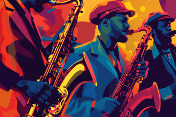 Fototapeta premium Jazz Musicians Playing Saxophones on Colorful Background
