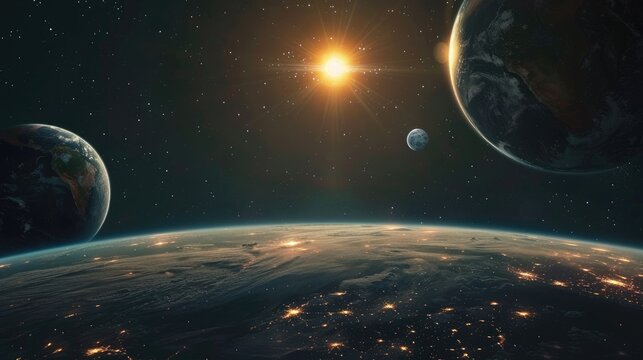 In the vast expanse of space the sun moon and Earth form a breathtaking cosmic trio