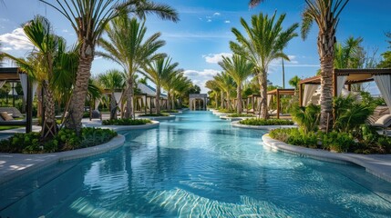 tropical pool oasis with palm trees and cabanas, the perfect getaway for relaxation.