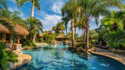 tropical pool oasis with palm trees and cabanas, the perfect getaway for relaxation.