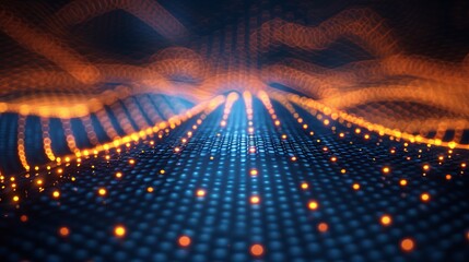 Futuristic blue and orange network waves on digital grid background