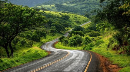 winding country road flanked by lush greenery, inviting travelers on a scenic journey.