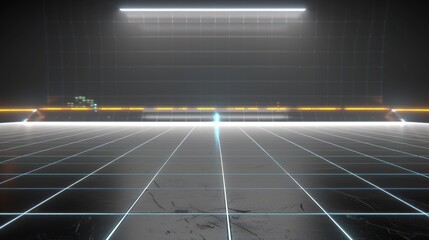 Futuristic sci-fi spaceship hallway with illuminated grid floor